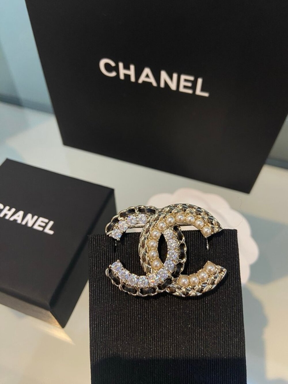 Chanel Gold-Tone Pearl Crystal CC Brooch Pin